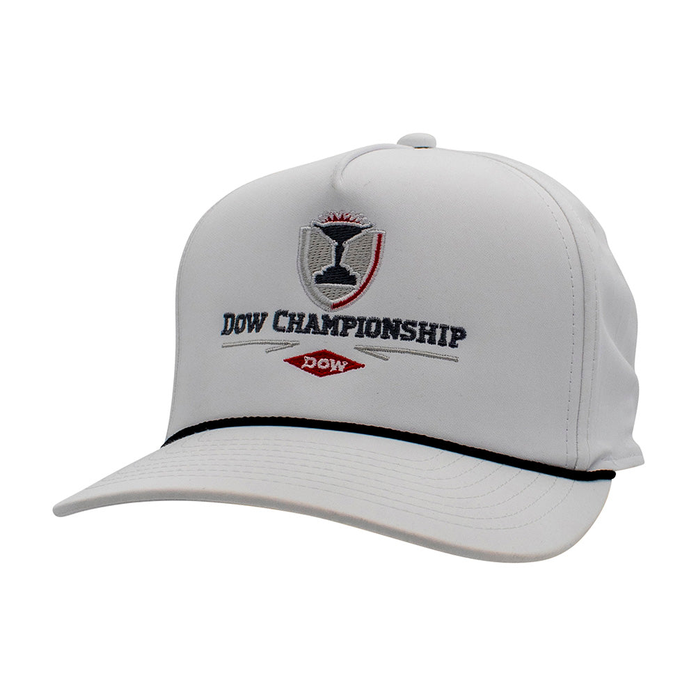 White cap with 'Dow Championship' logo on the front and a rope across the bill.