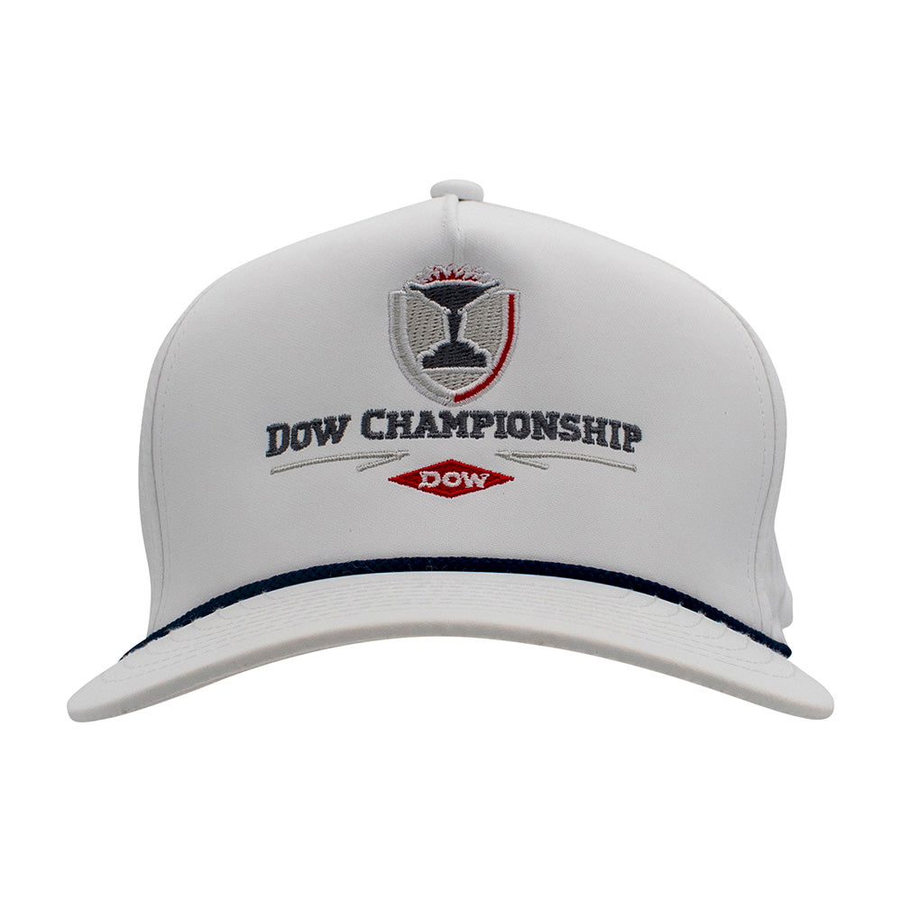 White cap with 'Dow Championship' and 'Dow' logos and a navy rope across the bill.
