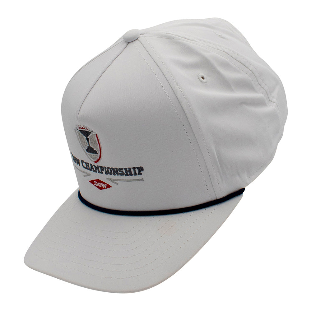Side of a white cap with a logo and text on a white background