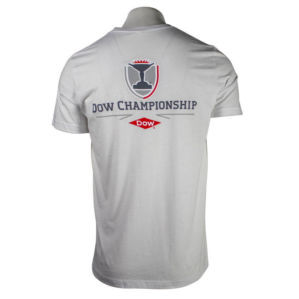 White t-shirt with 'Dow Championship' logo on the back.