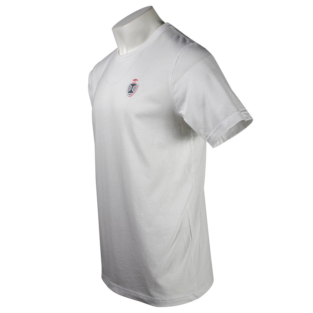 Side of a white t-shirt with a small logo on the left chest.