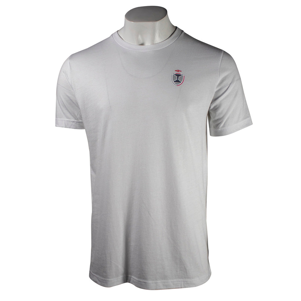 White t-shirt with a small logo on the left chest.