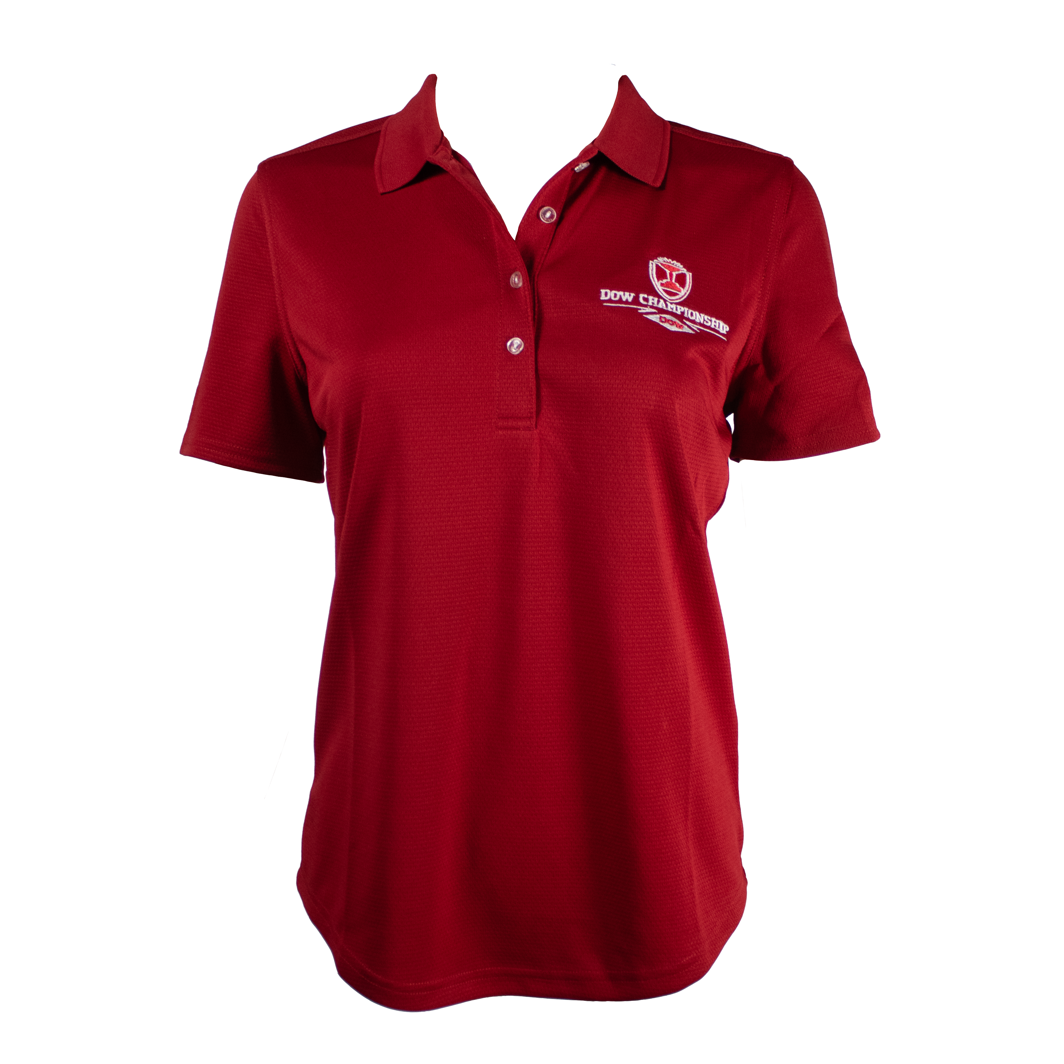 Front of a ladies red polo with a dow championship logo on the left chest. 