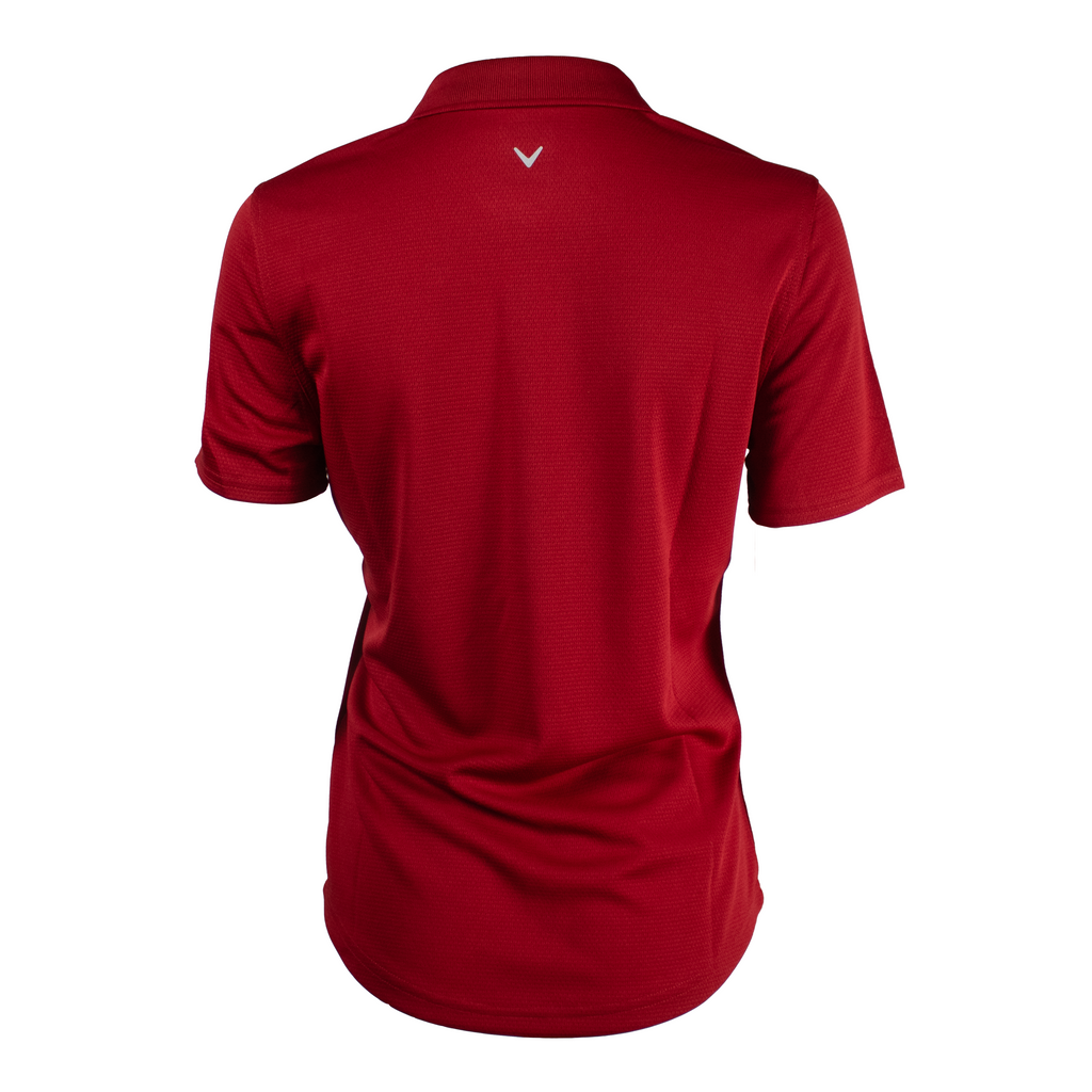 Back of a ladies red polo.