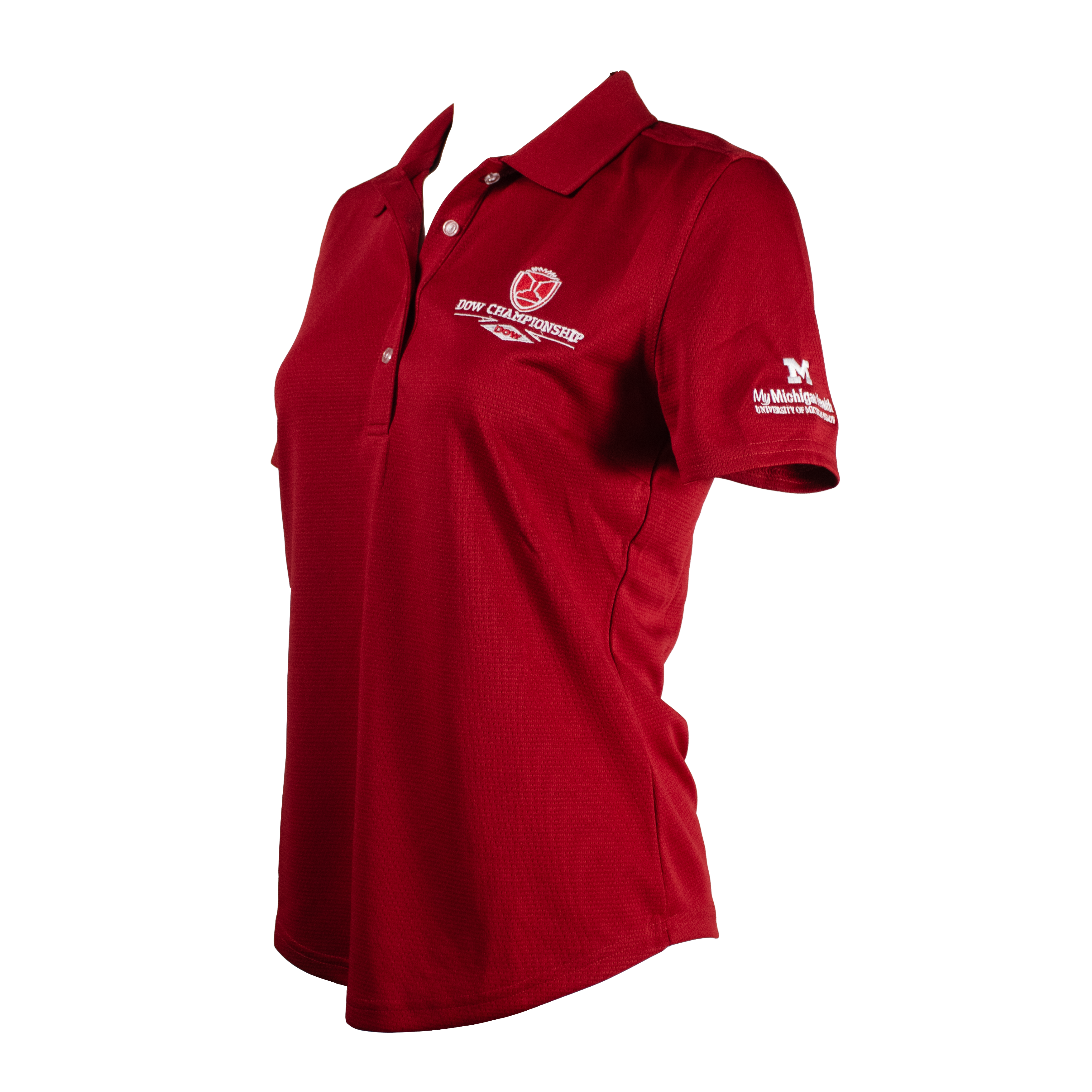 Side of a ladies red polo with a dow championship logo on the left chest. 